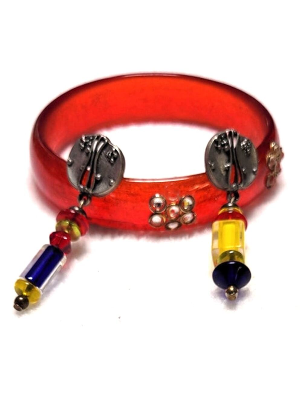 6 3/4" Red Glass Bangle Bracelet & Red Yellow Blue Beaded Dangle Drop Earrings